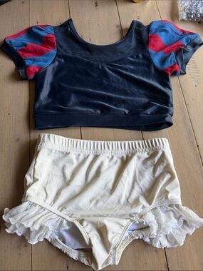 Black Crop Top with Red & Blue Puff Sleeves + Cream Ruffle Briefs